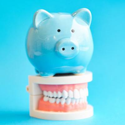 Piggy bank sitting on top of a dental model