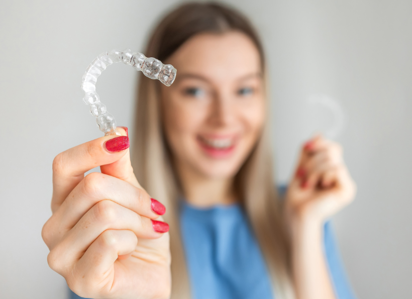 Woman holding clear aligner up to camera